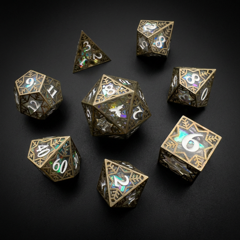 Dice: FeniksForge - Galactic Green Silver Metal Alloy Resin Poly (x7)